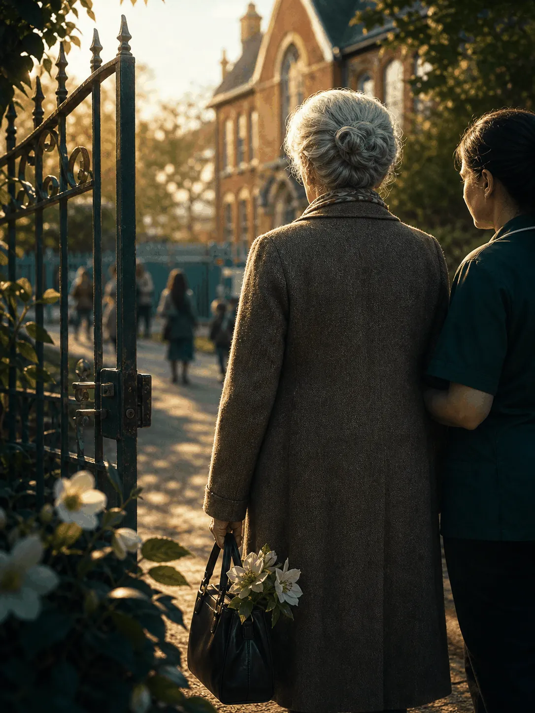 The Garden Gate — an elderly woman with a carer, at a wrought-iron gate in autumn light
