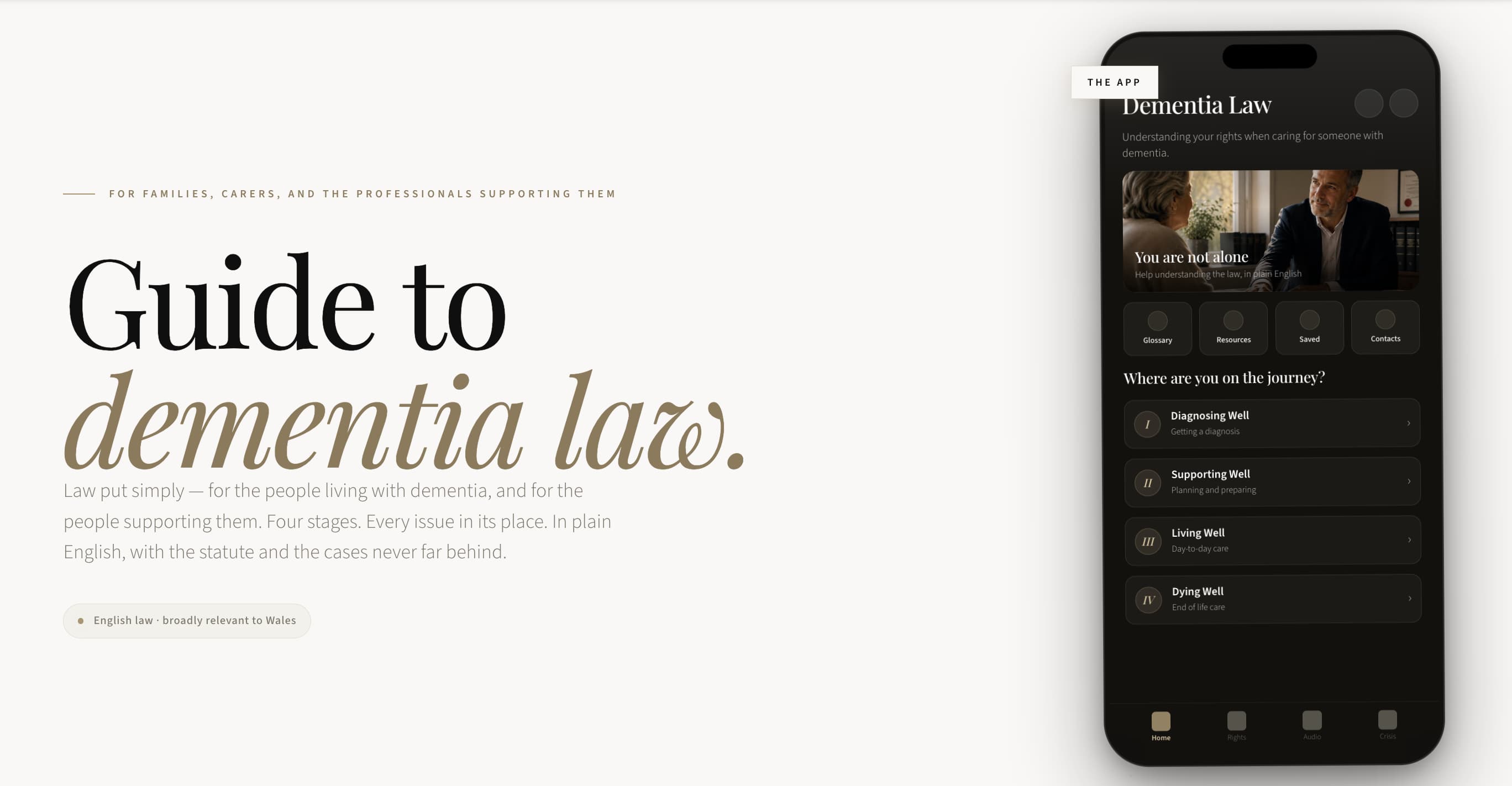 Guide to Dementia Law — landing page with mobile app preview